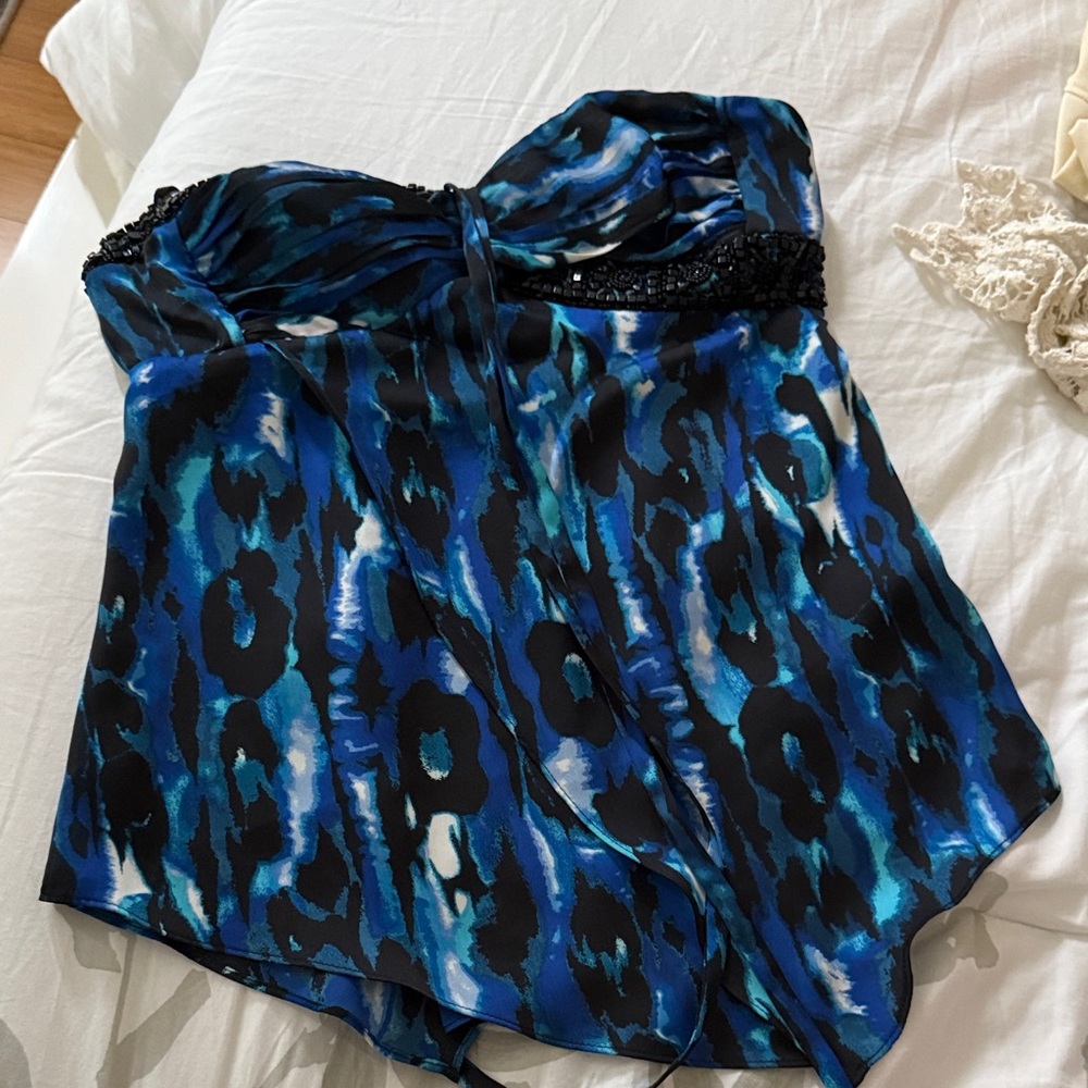 bebe Blue and Black Strapless Blouse
